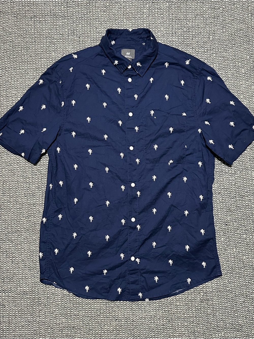 H&M Navy Short-Sleeve Palm-Print Button-Down Shirt